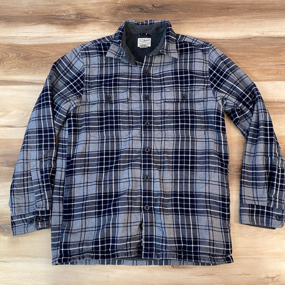 LL Bean Fleece Lined Flannel Shirt Mens Small Gray Plaid Traditional Fit